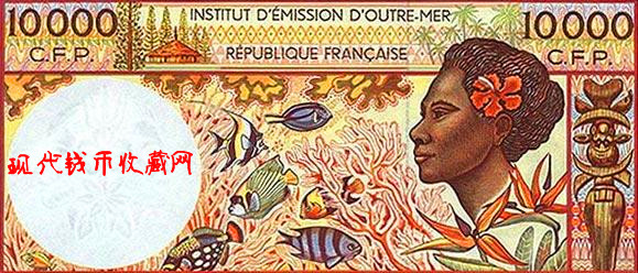 10000法郎的纸币：头戴花环的波利尼西亚少女